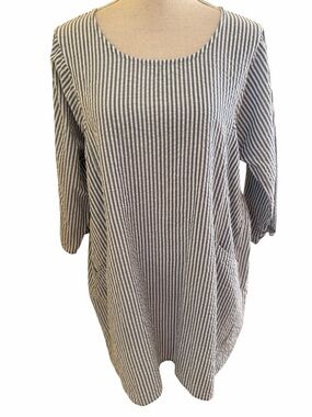 Tulip Blue/White Ticking Stripe Cotton Seersucker Scoop Neck Tunic S NEW
